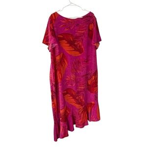 Russell Kemp Woman Pink Orange Tropical Leaf Asymmetrical Ruffle Midi Dress 2X
